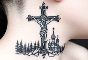 Traditional orthodox ICXC Christian cross with an orthodox portrait Jesus Christ on the cross in a wilderness Russian Kremlin setting tattoo idea