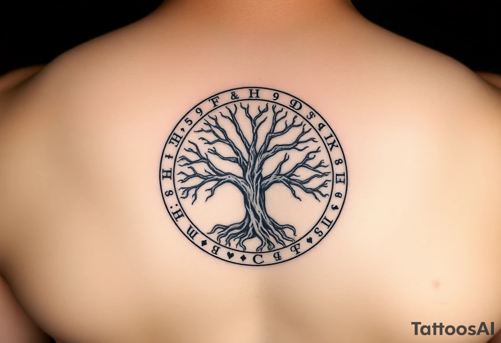 yggadrisl tree of life with circle of runes tattoo idea