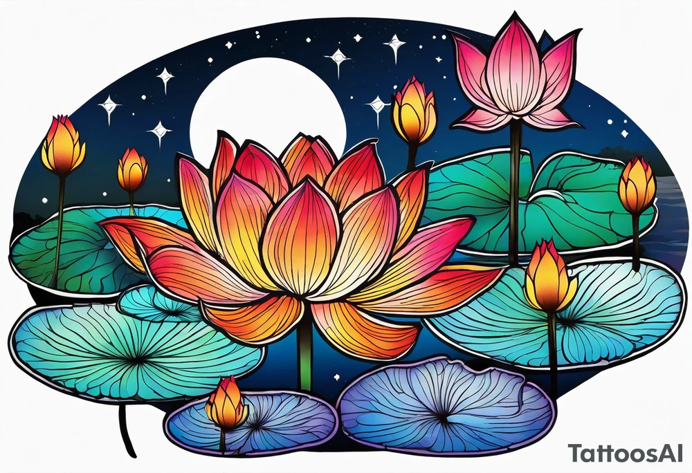 Vibrant colorful lotus flower on the pond with the night sky in the background tattoo idea