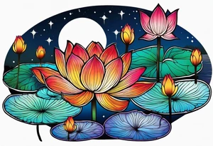 Vibrant colorful lotus flower on the pond with the night sky in the background tattoo idea