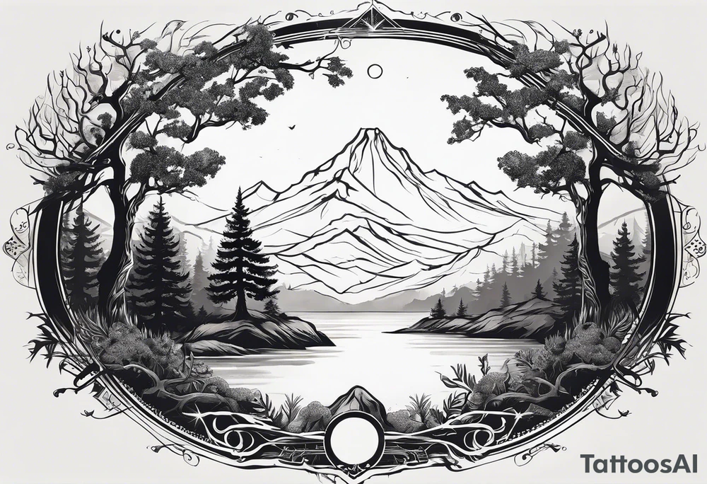 The tattoo will be a unique horizontal image. At the base, there will be a thin line to symbolize the horizon. Above it, various trees in silhouette with delicate details, representing different species, including oaks and pines among others, will be distributed along the horizon. tattoo idea