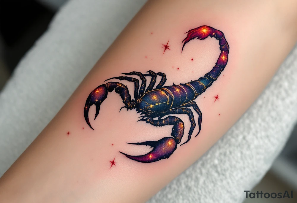 The celestial scorpion creeps across the night in streaks of golden scorpio star constellation lit by Antares’ burning red flame tattoo idea