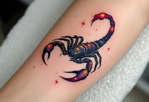 The celestial scorpion creeps across the night in streaks of golden scorpio star constellation lit by Antares’ burning red flame tattoo idea