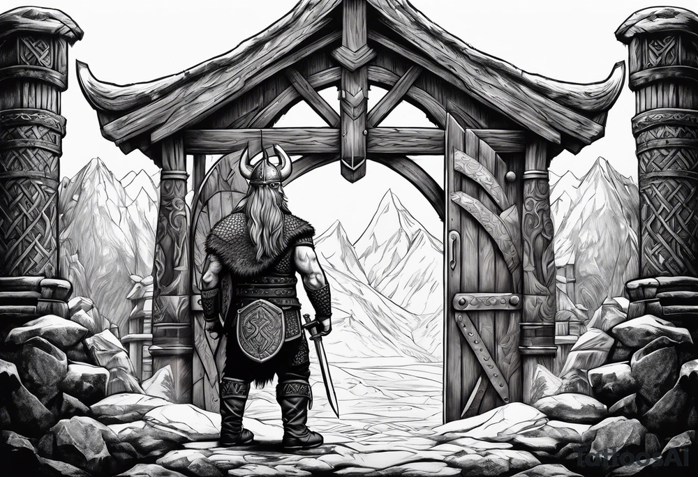 A Viking standing in front of the gate to the valhalla. tattoo idea