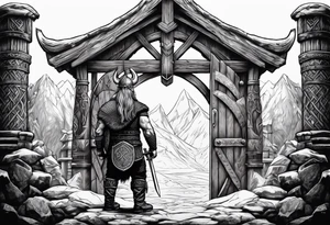 A Viking standing in front of the gate to the valhalla. tattoo idea