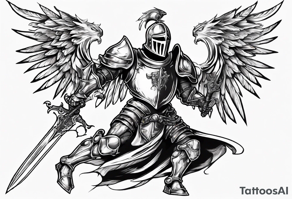 A Winged Paladin Knight in mid-air with his sword about to attack. tattoo idea