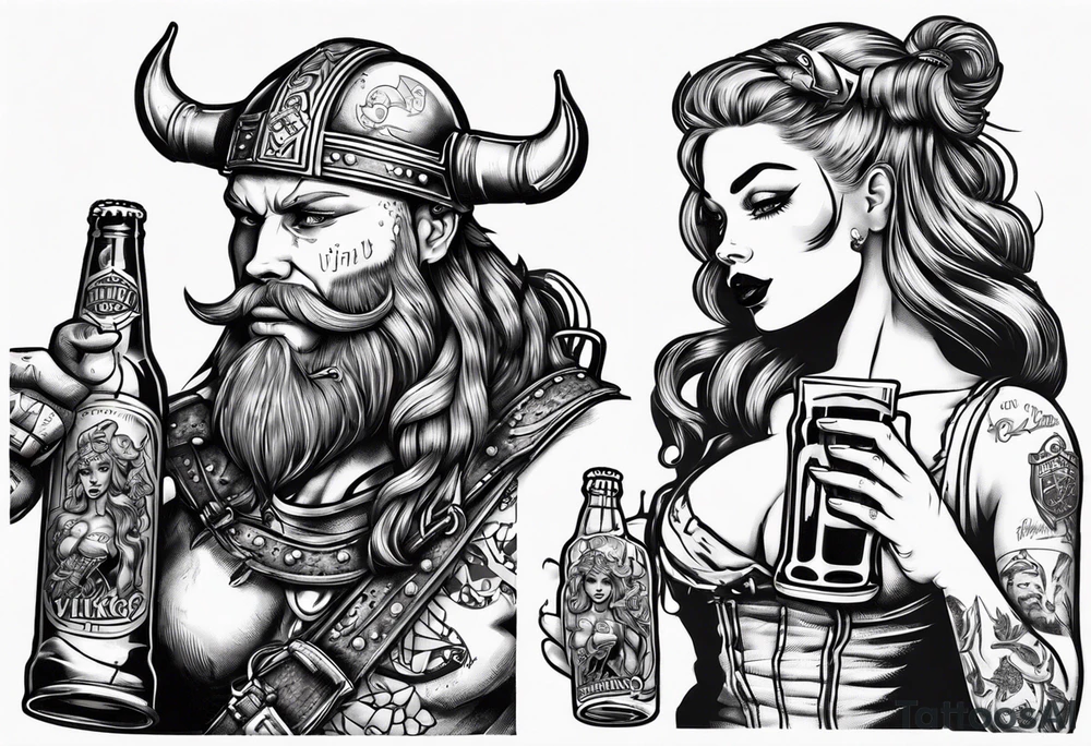 Viking and pin up doll drinking beer tattoo idea