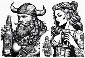 Viking and pin up doll drinking beer tattoo idea