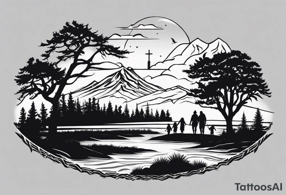 A shadow of a family of four walking through the Pacific northwest landscape. Father, Wife, Son, daughter.
 Faith centered and add Mexican tribal  border with importance of faith.
Add crosses and God around the boarder tattoo idea