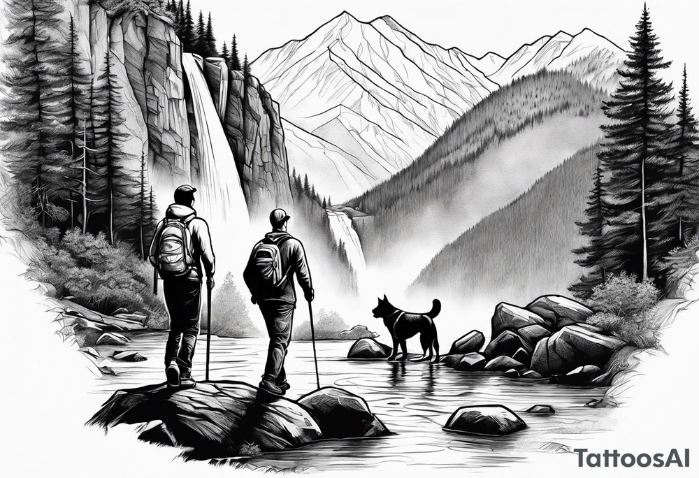 father son hiking with their dog and cat in the mountains, nature, waterfall, rive tattoo idea