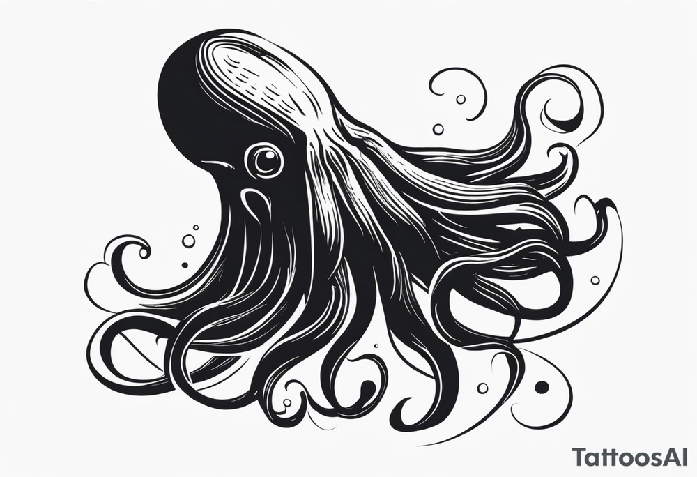 A visual representation of the horror squid concept, showing the squid becoming invisible in ink, its body turning black to blend in with its deep sea environment. The overall environment is dark, creating an eerie underwater atmosphere. tattoo idea