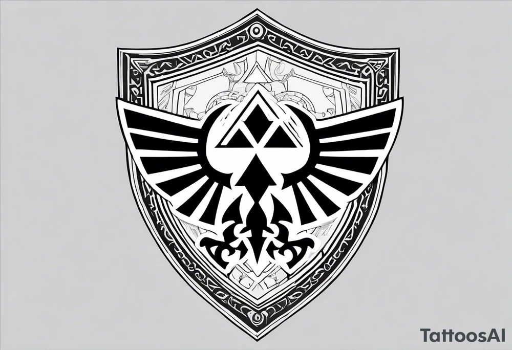 Hylian shield, replace the triforce with master chiefs helmet and the bird crest with the grey wardens logo tattoo idea