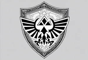 Hylian shield, replace the triforce with master chiefs helmet and the bird crest with the grey wardens logo tattoo idea