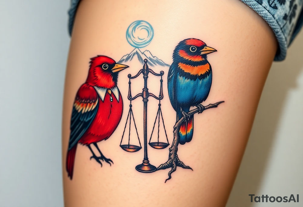 2 birds as the focus, 1 red bird in a suit, 1 navy blue bird with glasses, scales of justice in a tree, starry night painting and mountain background tattoo idea