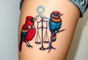 2 birds as the focus, 1 red bird in a suit, 1 navy blue bird with glasses, scales of justice in a tree, starry night painting and mountain background tattoo idea