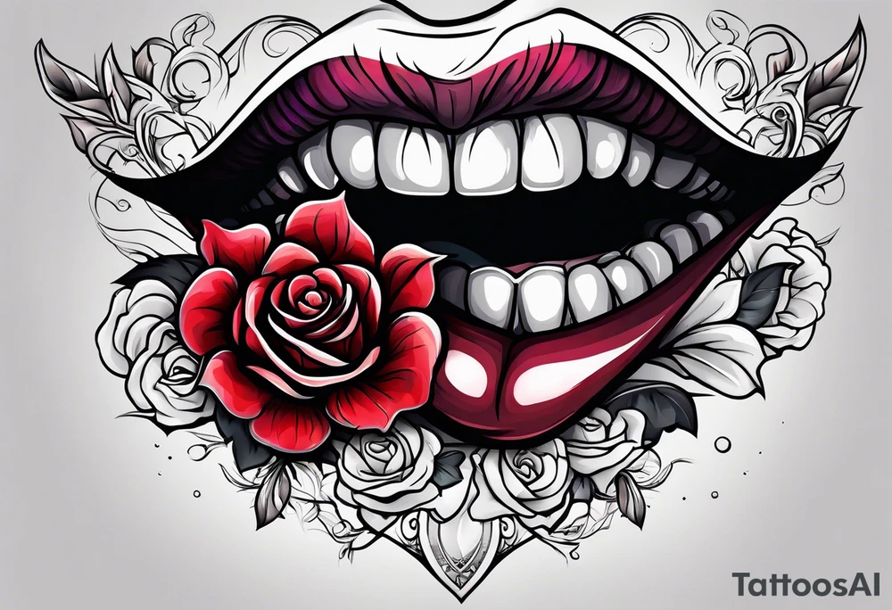 Sexy vampire mouth biting rose tattoo idea