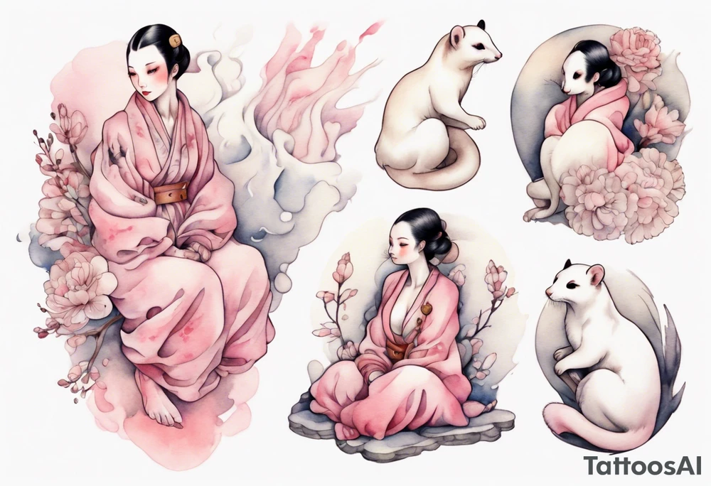 a pink ermine sitting on the lap of a beautiful woman tattoo idea
