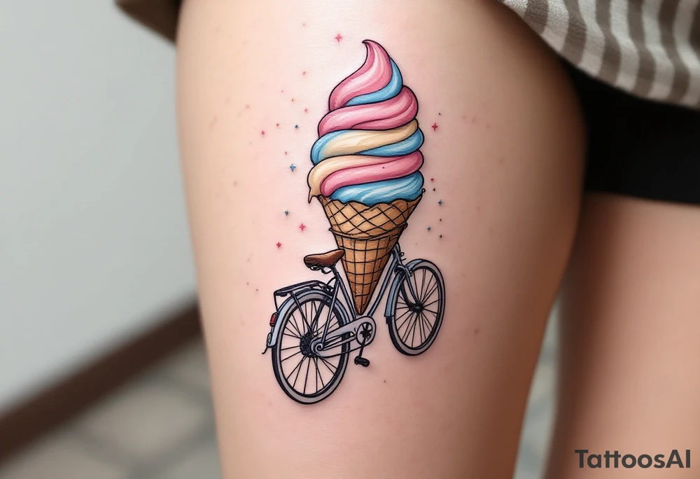 A bicycle with a giant ice cream cone in the front bicycle basket, with pastel pinks, blues, and creamy whites, representing indulgence and happiness. tattoo idea