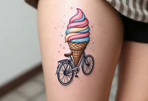 A bicycle with a giant ice cream cone in the front bicycle basket, with pastel pinks, blues, and creamy whites, representing indulgence and happiness. tattoo idea