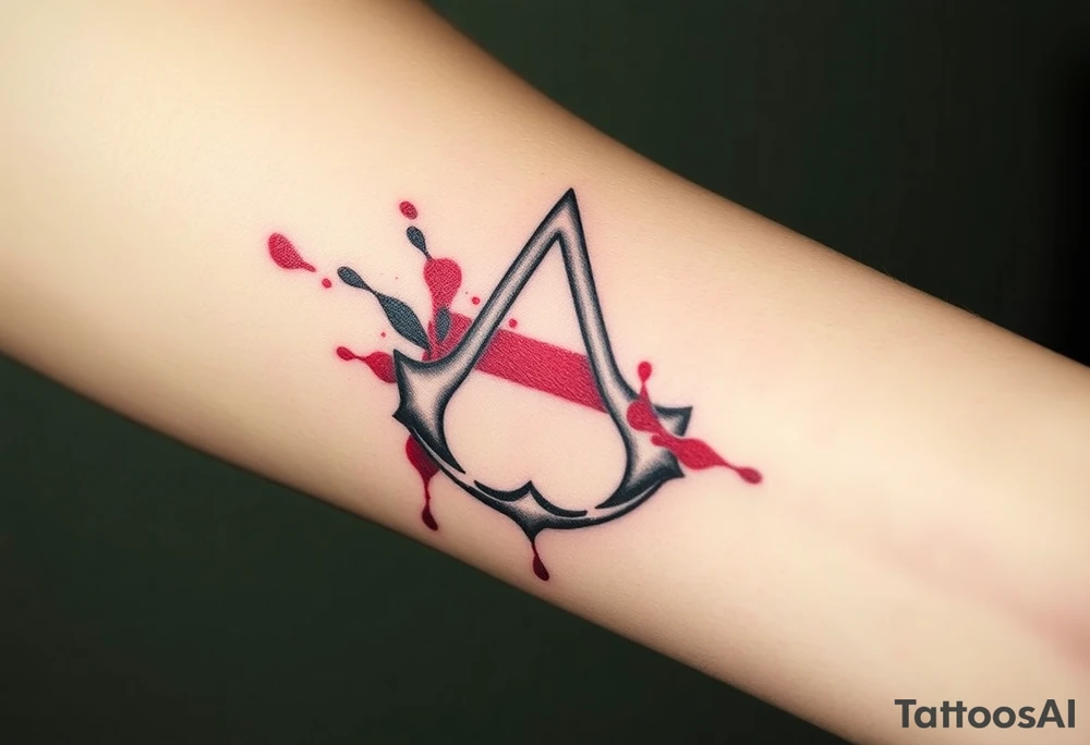 Assassins Creed emblem with England flag inside. Blood splashes incorporated into logo. tattoo idea