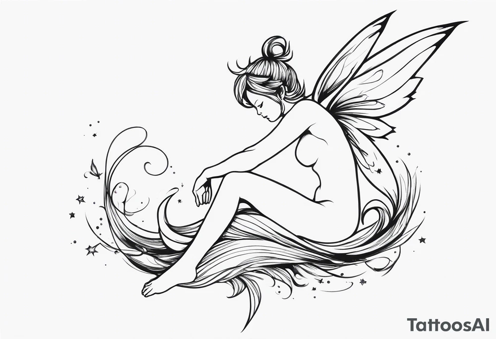 Minimalistic, monochromatic fairy with a tail flying to the left in a fetal position, leaning and looking in the same direction, with visible hands, embodying the 'Fairy Tail' logo aesthetic. tattoo idea