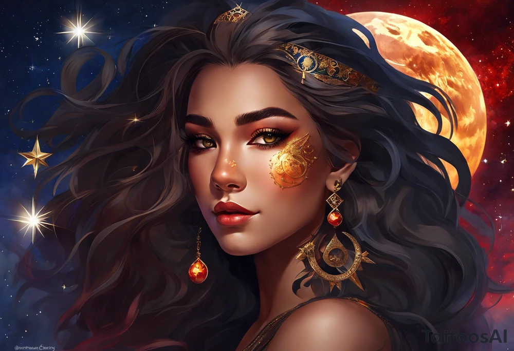 women turning to her side with a small leo zodiac symbol on her forehead, lion scratch scar on her eye and stars, moon and sun floating behind her head. however at the bottom  have her blend away like a smoke effect, you can use Stars or clouds to help fill in space. Also create a somewhat Smokey thin red line wrapping going from the back of the neck to the pinky and overlapping the woman tattoo as well. tattoo idea