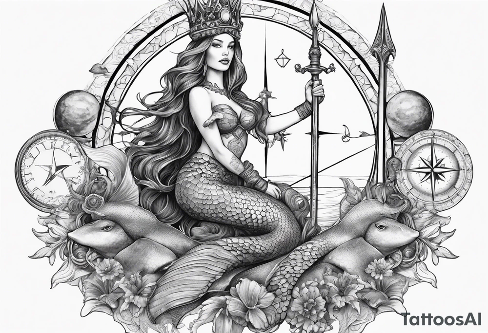 Mermaid full body holding a trident and wearing a crown, sea turtle, compass, cresent moon tattoo idea