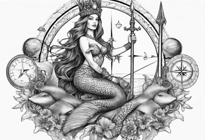 Mermaid full body holding a trident and wearing a crown, sea turtle, compass, cresent moon tattoo idea