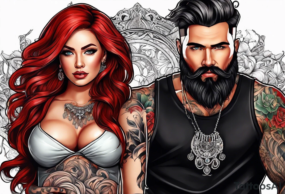 Busty Red haired woman with black haired bearded man tattoo idea