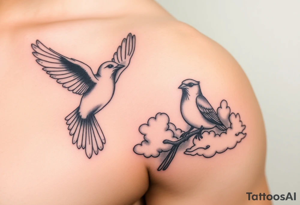 Dove and a blue jay, clouds, shining light to or from heaven tattoo idea