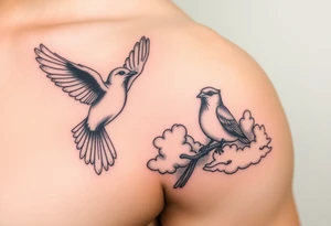 Dove and a blue jay, clouds, shining light to or from heaven tattoo idea