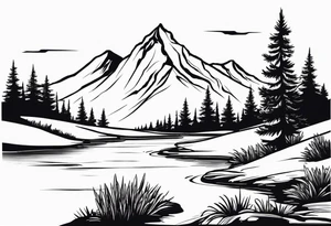 Mountain with a creek at the bottom and bushes at the base. For a full arm sleeve tattoo idea