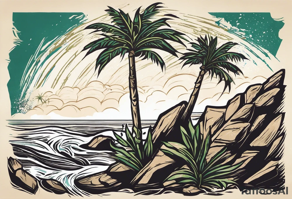 A wax palm grows resiliently from rocky soil, symbolizing growth and resilience. The tree roots are embedded in cracked rock, with a hint of water flowing from the rocks to signify life and nourishment. The design emphasizes the strength of nature’s endurance, with the wax palm standing tall and vibrant. tattoo idea