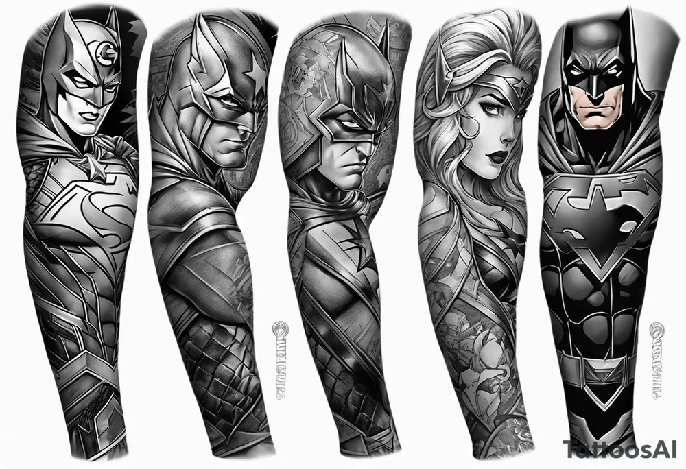 Full arm sleeve tattoo extending from shoulder to wrist featuring an assemble DC comic superhero and villain emblems tattoo idea