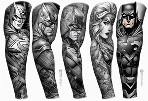 Full arm sleeve tattoo extending from shoulder to wrist featuring an assemble DC comic superhero and villain emblems tattoo idea