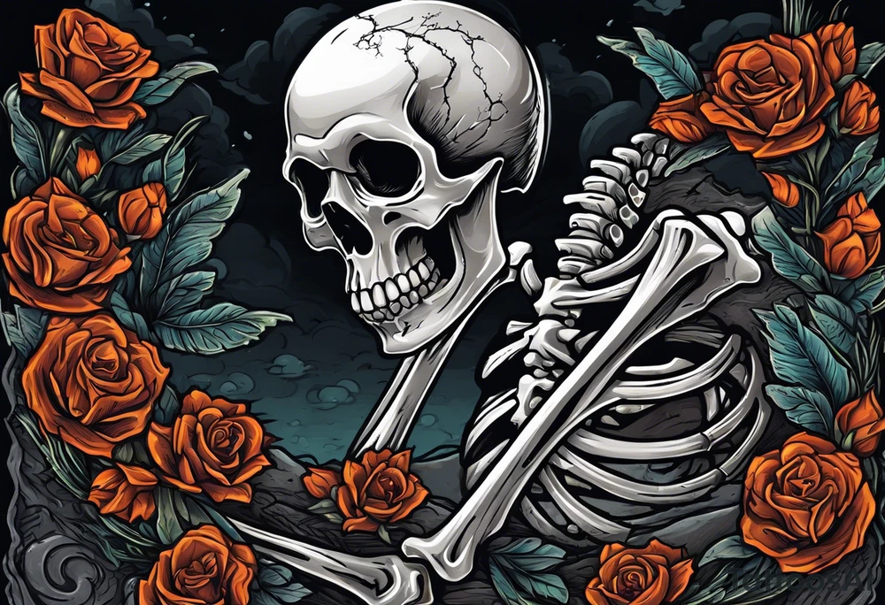 Skeleton crawling out of grave. 
MIW Reincarnate written on gravestone tattoo idea
