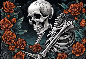 Skeleton crawling out of grave. 
MIW Reincarnate written on gravestone tattoo idea