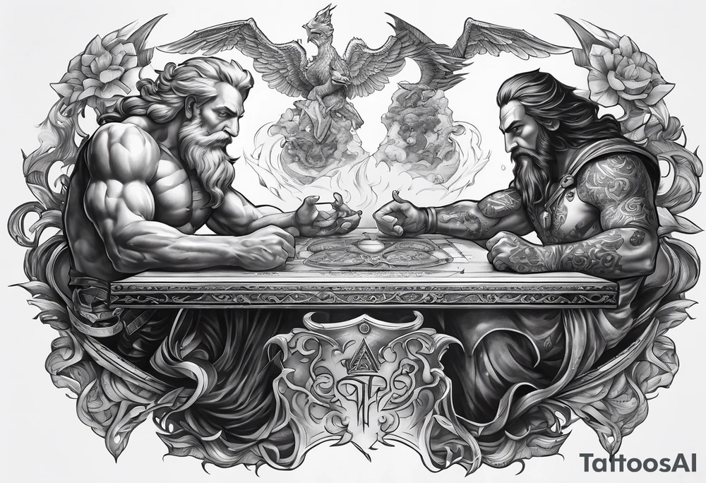 God vs evil playing chests game on table tattoo idea