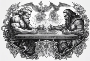 God vs evil playing chests game on table tattoo idea