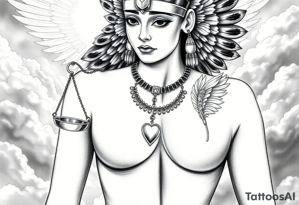 Beautiful Egyptian goddess with a curvy sexy body and breasts. She is wearing an ostrich feather headdress, and intricate ancient Egyptian jewelry the Anhk necklace. Background includes something similar to heaven. Incorporate the Scales of Justice—one side holding a heart, the other Ma’at’s feather—glowing with ethereal energy. Emphasize dramatic lighting, deep shadows, and surreal, mystical atmosphere tattoo idea