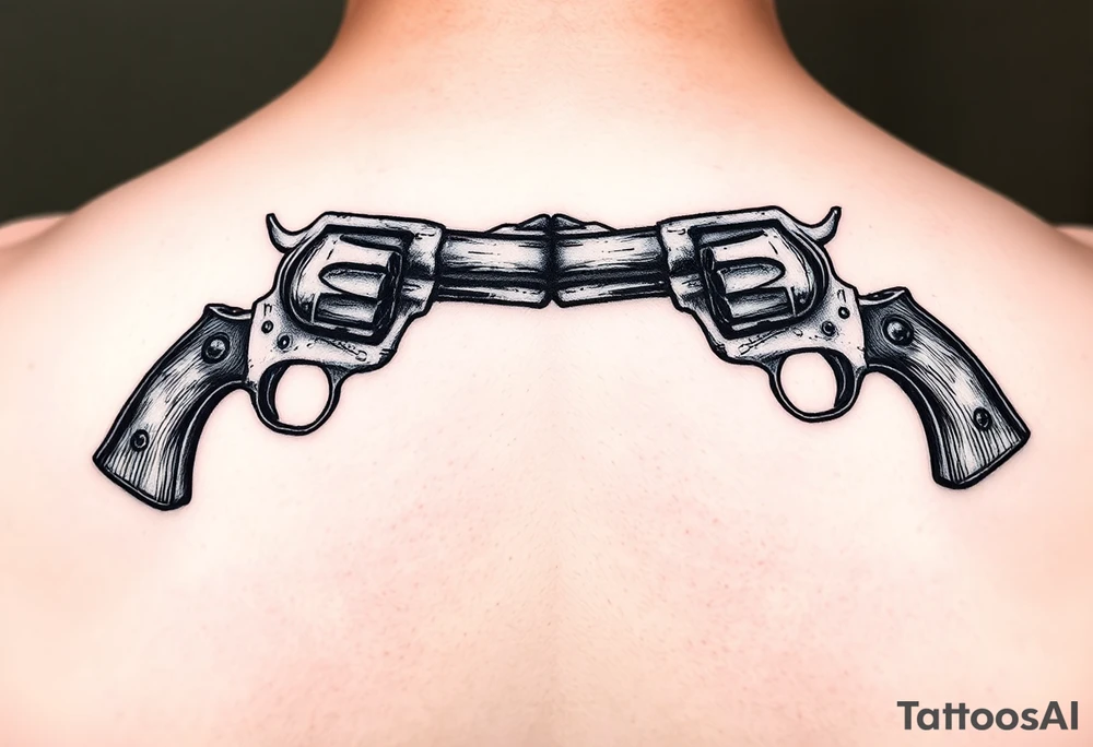 2 revolvers with wooden handles pointing down with barrels crossing one another tattoo idea