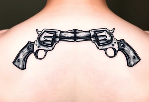 2 revolvers with wooden handles pointing down with barrels crossing one another tattoo idea