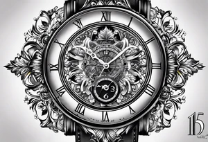 reloj marcando las 11 hs y con la fecha de nacimiento 15 de febrero, a su vez escrito Ainara tattoo idea