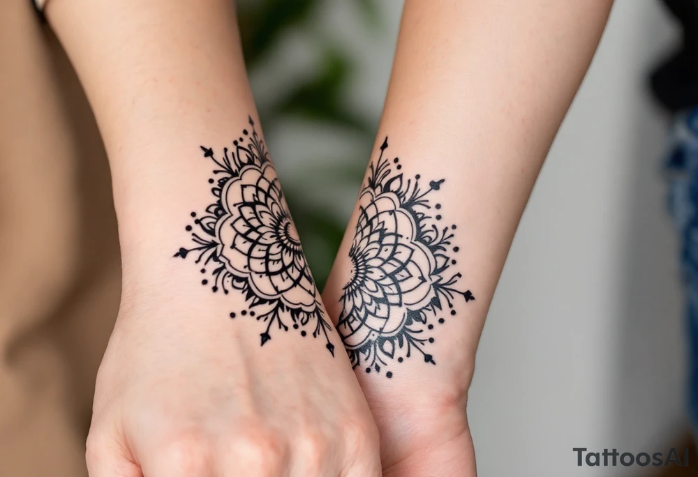 Intricate black half-mandala designs on the side of each partner hand form a whole when joined. tattoo idea