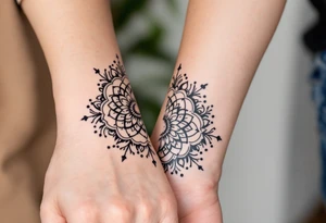 Intricate black half-mandala designs on the side of each partner hand form a whole when joined. tattoo idea