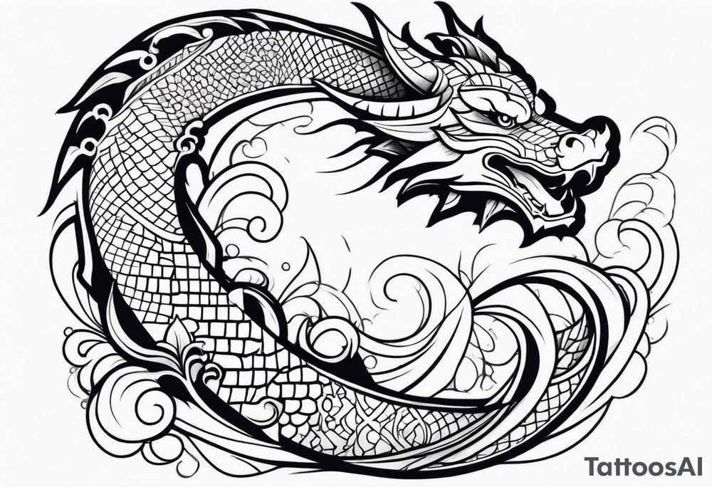 Dragon polynesian, water, koi, half sleeve, cross tattoo idea