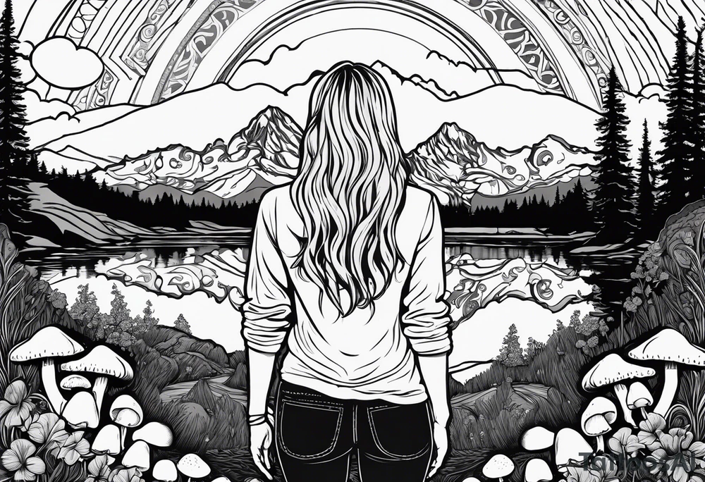 Whole picture encircled fully

Straight long blonde hair hippie girl in distance holding mushrooms in hand facing away toward mountains and creek surrounded by mushrooms long sleeve shirt and hiking pants; whole rendering within a full celtic circle, no cut off circle tattoo idea