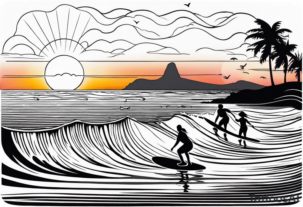 Black and white Line work tattoo depicting a father surfing with his two daughters.  The sunset and horizon have musical notes. tattoo idea