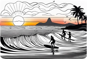 Black and white Line work tattoo depicting a father surfing with his two daughters.  The sunset and horizon have musical notes. tattoo idea