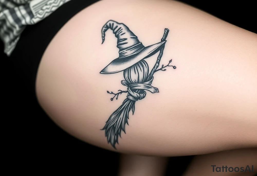 Which is broom with a witches hat with vines and feathers 
Smaller broom with hat placed on top or in the middle
Feminine and on a leg tattoo idea